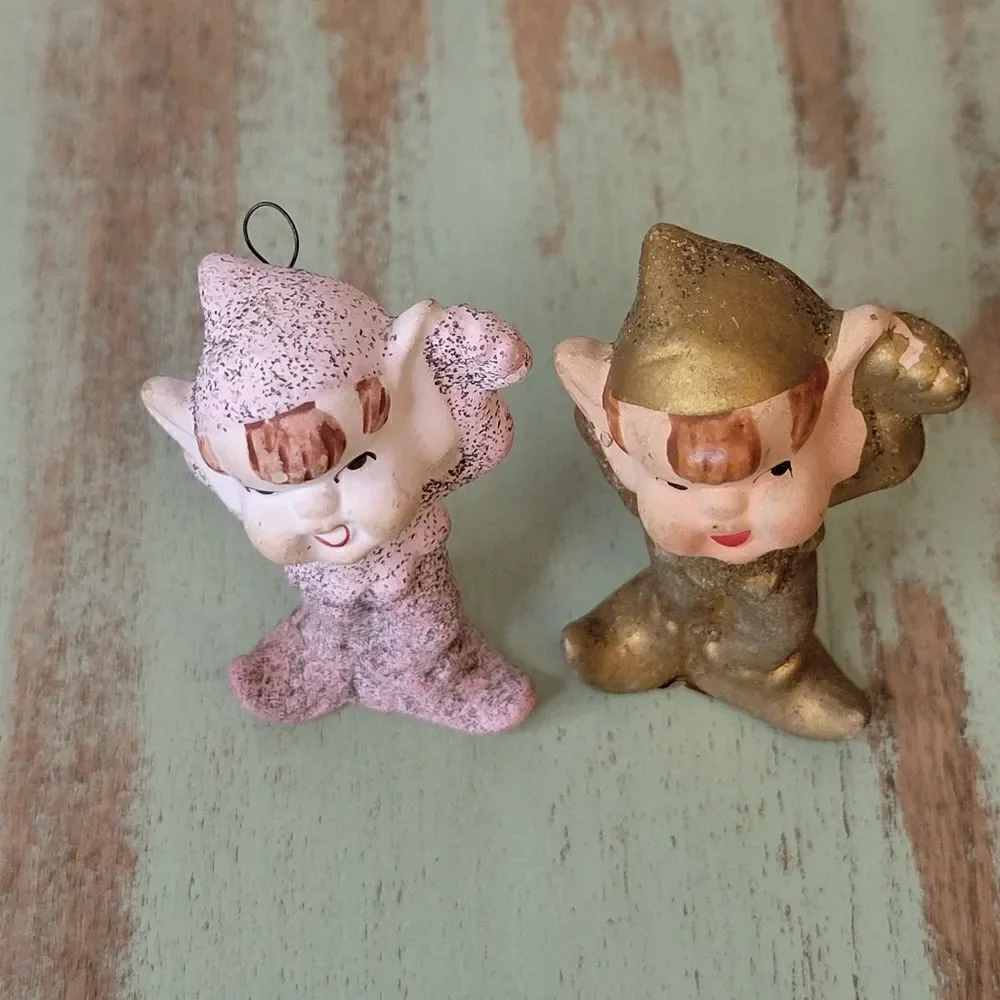 Vintage 1960's Mica Glitter Commodore Christmas Pixie Elf Pair